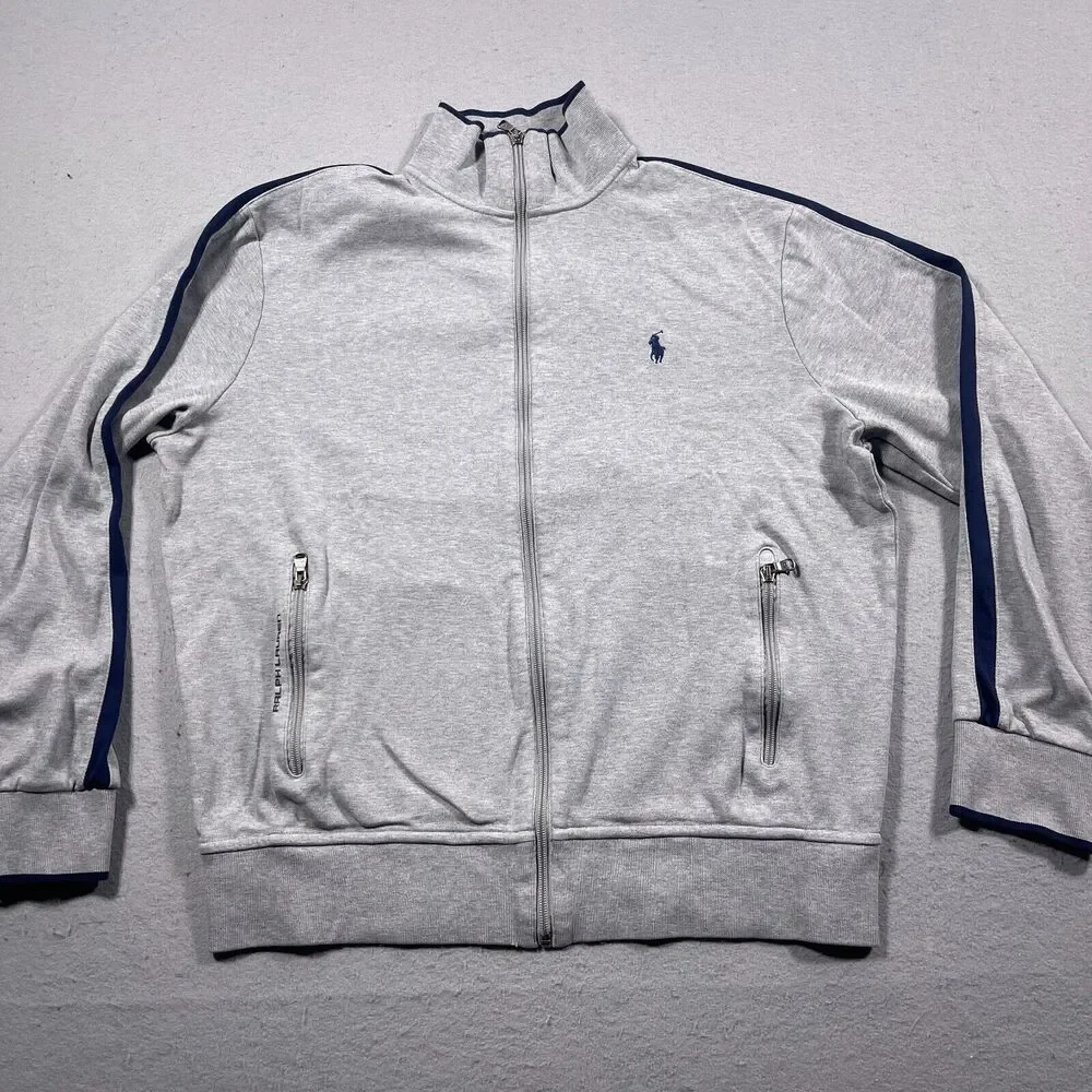 Polo Ralph Lauren Track Jacket Men Large Regular Gray Navy Stripe Athleisure‎